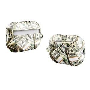 May include: Two protective cases for wireless earbuds, featuring a print of US dollar bills. The cases are made of a flexible silicone material and have a cutout for the charging port.