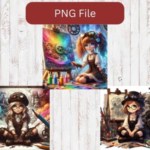 Sublimation Steampunk Girl Artist PNG Bundle | Vintage Steam Punk Design Files for DIY Crafts & Printing