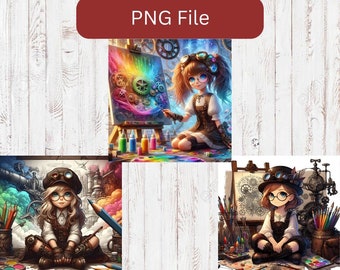 Steampunk Girl Artist PNG Bundle | Vintage Sublimation Design Files