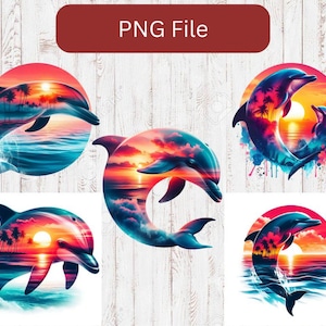 Solnedgångsstranddelfin 300 DPI PNG sublimeringsdesignfil tropiska färger