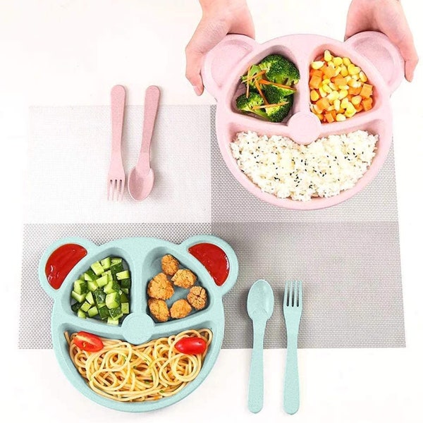 Divided Portion Dinner Plate sets for Toddlers - Fork and Spoon Included - Set of 2 - Wheat Straw - FREE SHIPPING