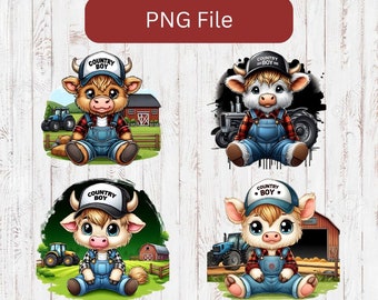 May include: Four digital illustrations of cartoon cows wearing overalls and a baseball cap that says "Country Boy". Each cow is sitting on a patch of grass with a barn and tractor in the background.