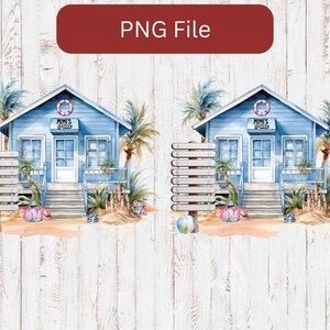 Può includere: Un'illustrazione digitale di una casa da spiaggia blu con finiture bianche e un cartello che recita "Mimi's Beach House". La casa è circondata da palme e decorazioni da spiaggia.