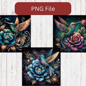 May include: Three digital art prints featuring hummingbirds with intricate details. Each print depicts a hummingbird with vibrant colors, perched on a flower with a dark blue background. The flowers are stylized and have gold accents.