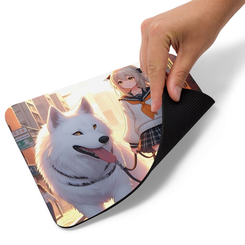 Anime Mouse pad Lofi Girl Walking Down the Street with a White Wolf Desk Decor