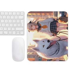 Anime Mouse pad Lofi Girl Walking Down the Street with a White Wolf Desk Decor