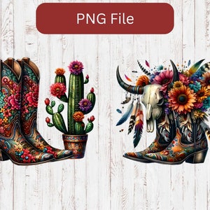May include: Two pairs of colorful cowboy boots with floral patterns, one pair with a cactus and the other with a skull and feathers.
