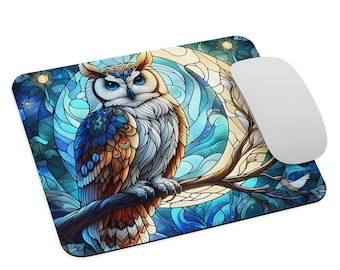 Stained Glass Owl Mousepad, Fantasy Animal Computer Desk Mat