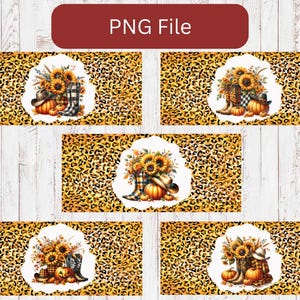 May include: Five digital designs featuring a fall-themed arrangement of sunflowers, pumpkins, and boots on a leopard print background. The designs are perfect for creating custom tumblers, mugs, or other crafts.