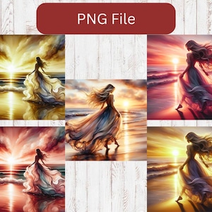 May include: Four digital paintings of women with flowing hair and dresses standing on a beach at sunset. The women are facing the sunset and the water is a deep blue. The sky is a mix of orange, pink, and purple.