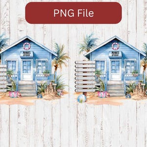 Può includere: Illustrazione ad acquerello di due identiche casette sulla spiaggia blu con la scritta "Nana's Place" sopra la porta. Palme, accessori da spiaggia e un palo segnaletico sono di fronte alle casette. Lo sfondo è una texture di legno bianco.