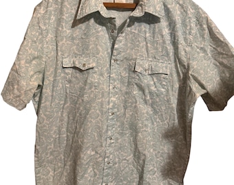 Wrangler wrancher western Pearl snap button down mens xlt extra large tall short sleeve white blue paisley