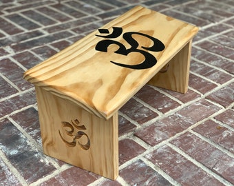 Hand Crafted Natural Finish Meditation Bench with Hand Painted Om and Om Legs