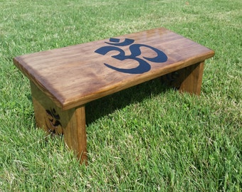 Hand Made Walnut Stain Meditation Bench with Hand Painted Om and Om Leg Design