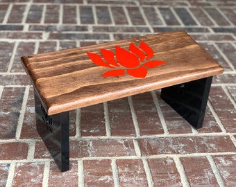 Handcrafted Mahogany Stain Meditation Bench with Hand Painted Lotus and Black Lotus Legs