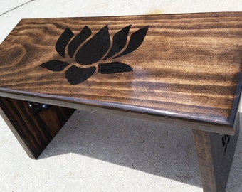 Hand Crafted Kona Stain Bench with Hand Painted Black Lotus Flower & Lotus Legs