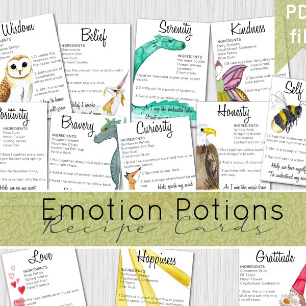 Cartes de recettes de potion d'émotion | 12 recettes de potions magiques | TÉLÉCHARGEMENT NUMÉRIQUE