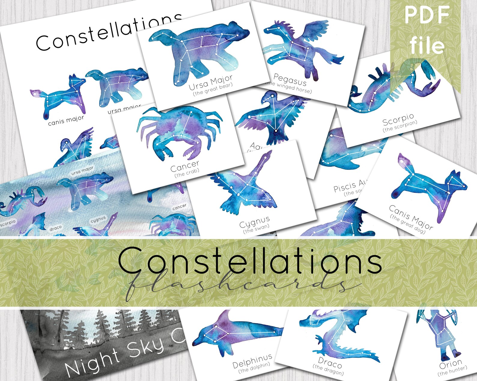 Constellation Watercolour Flashcards Printable Digital | Etsy
