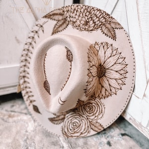 Ansley: Floral Rose & Peony. Made to Order Handcrafted Burned Wide Brim Hat. Burned hat, Cowboy Hat, Western Hat, custom cowboy hat.