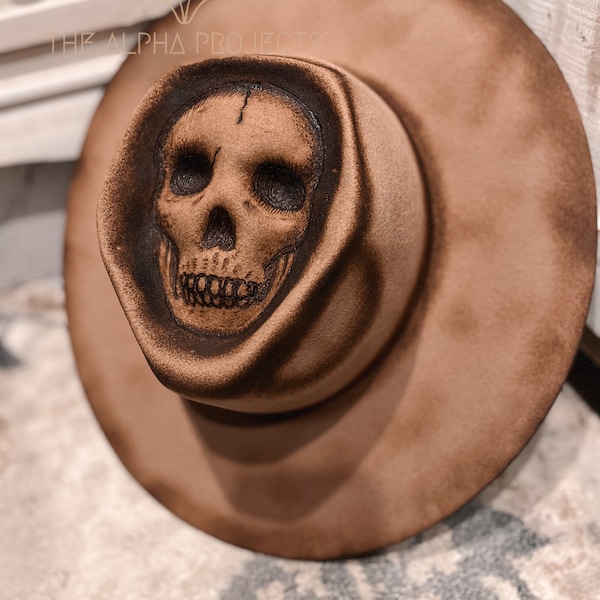 Levi: Skull Crown Shape Men’s Hat . Hand Shaped Hat, Burned hat, Cowboy Hat, Western Hat, custom cowboy hat. Skull, Head, Face, Crown, Mens.