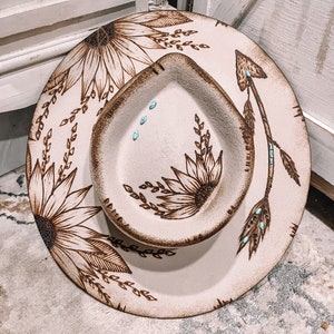 Juliana:Arrow, Sunflower, Turquoise. Made to Order Handcrafted Burned Wide Brim Hat. Burned hat, Cowboy Hat, Western Hat, custom cowboy hat.