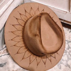 Kayla- Daisy Halo design, Handcrafted Burned Wide Brim Hat. Burned hat, Cowboy Hat, Western Hat, custom cowboy hat.