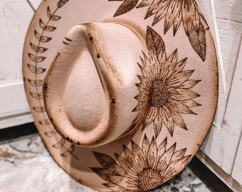 Becky: Triple sunflowers. Made to Order Handcrafted Burned Wide Brim Hat. Burned hat, Cowboy Hat, Western Hat, custom cowboy hat.