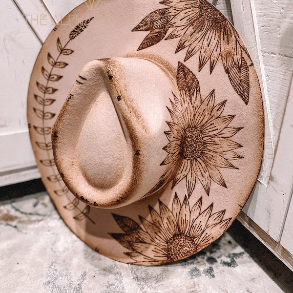 Becky: Triple sunflowers. Made to Order Handcrafted Burned Wide Brim Hat. Burned hat, Cowboy Hat, Western Hat, custom cowboy hat.