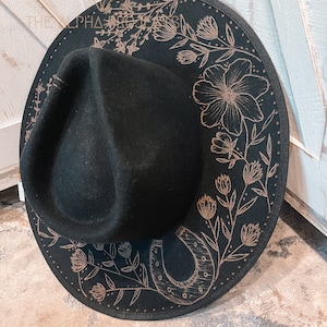 Imogen: Floral Horseshoe. Made to Order Handcrafted Burned Wide Brim Hat. Burned hat, Cowboy Hat, Western Hat, custom cowboy hat.