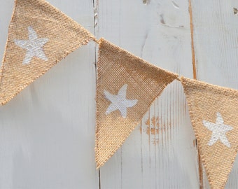 5 pennant White Glitter Starfish Burlap Banner, Flag, Bunting, Pennant...Weddings...Beach Home Decoration... Children's Room, Photo Prop