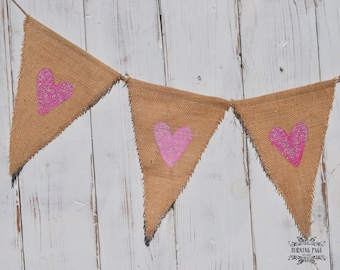 Red Heart Burlap Banner, Flag, Bunting, Pennant...Photo Prop...Home Decoration..Valentines, Children's Room, Wedding