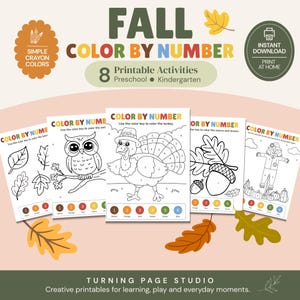 May include: A set of eight printable fall-themed color by number activity sheets for children. The pages feature black and white line art of an owl, a turkey, acorns, leaves, and a scarecrow, each with a numbered color key at the bottom.