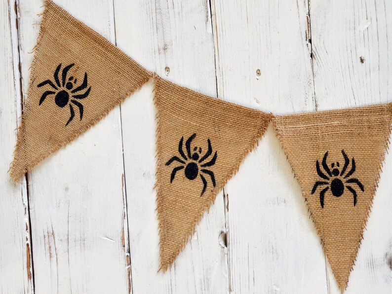 SPIDER Burlap Banner, Flag, Bunting, Pennant...Photo Prop...Halloween/Fall Decoration...Home Decoration, Photo Prop, Holiday Decor image 1