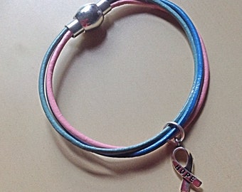 Magnetic Teal, Pink, & Blue Thyroid Awareness Leather Bracelet-Thyroid Cancer-Disease-Survivor-Hope Ribbon-Cross Charm-Heart Charm