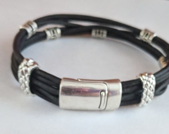 Black Leather Bracelet-Men or Women-Magnetic Clasp-Six Leather Cords-Metal Heart Charm-Metal hope Awareness Ribbon Charm-Mourning-