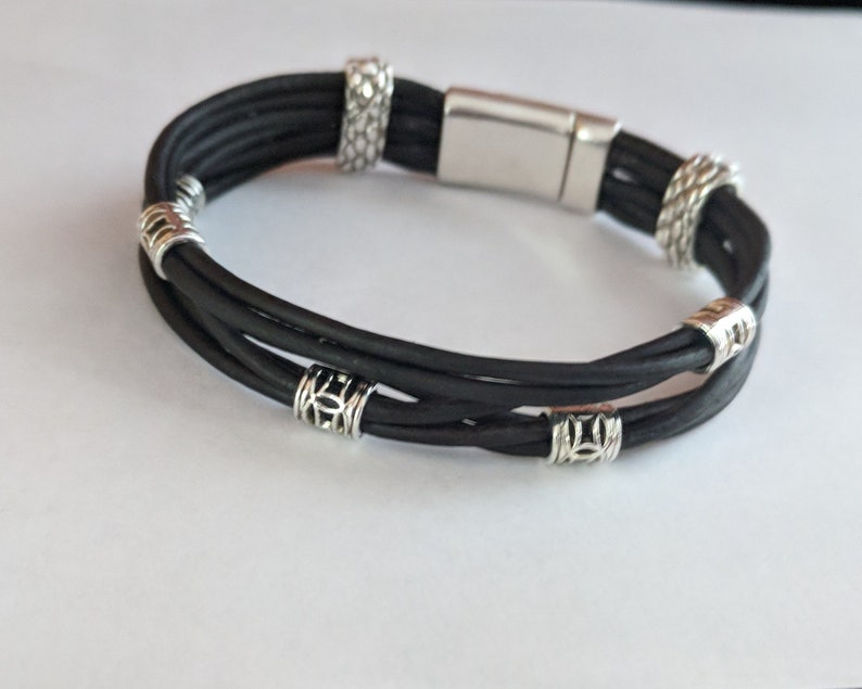 Black Leather Bracelet-men or Women-magnetic Clasp-six Leather - Etsy