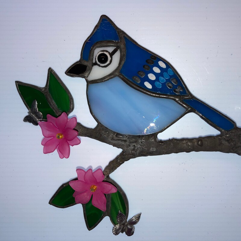 13x16 BLUE JAY Bird Holly Stained Art Glass Framed Suncatcher 