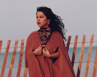 Tan wool cape/shawl with silk bias edge