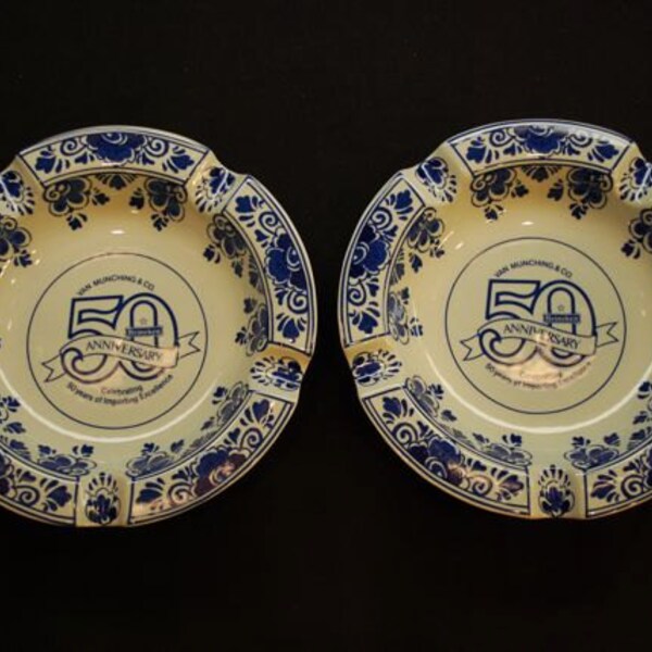 2 Ash Trays Heineken 50th Anniversary Cigars Cigarettes Delft Blue Holland never used