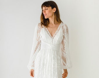 Long poets sleeve lace wedding dress, A-line, trapeze shape, perfect for casual laid back elopement or backyard wedding, style EDIE