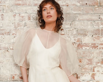 Minimalist sheer, see through ivory organza silk smock style, midi length wedding dress, Modern A line mid length bridal dress style MASON