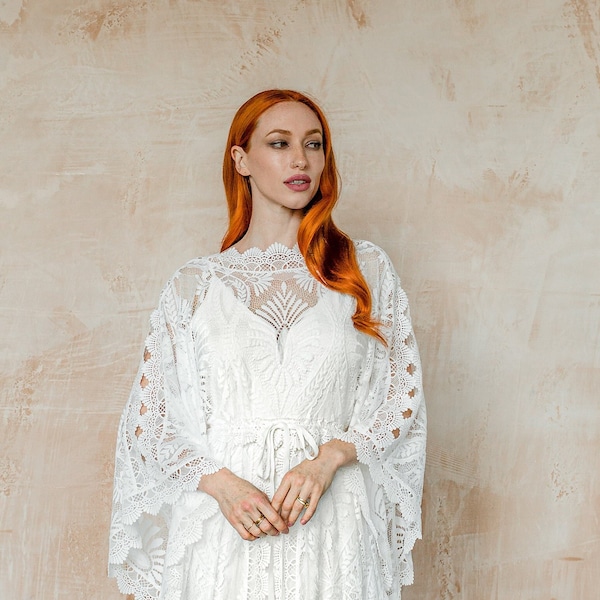 Wedding dress, slash neck boho lace wedding dress, kaftan style lace elopement wedding dress with wide long kimono sleeves, style JULES