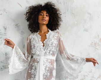 Boho lace robe, bohemian brides getting ready robe, boho lace getting ready robe, lace beach cover up, long lace kimono, style HAYDEN