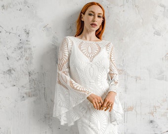 Boho wedding dress with high boat neck, Best seller lace elopement wedding dress, long sleeve wedding dress, with front split, style BRIA