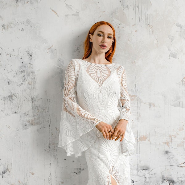 Boho wedding dress with high boat neck, Best seller lace elopement wedding dress, long sleeve wedding dress, with front split, style BRIA