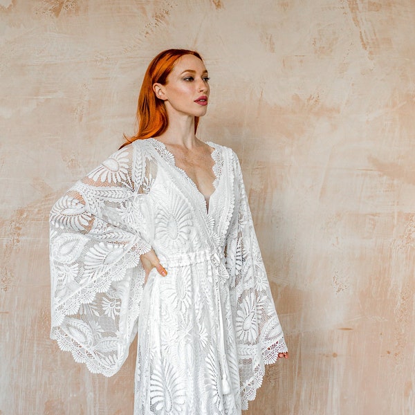 Elopement wedding dress,with long bell kimono sleeves, in a bohemian lace, for weddings,maternity shoots or getting ready style MAYA