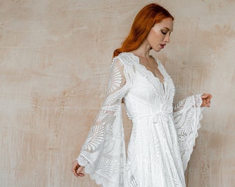 Lace boho wedding dress with long bell sleeves, wrap dress with hi low hem, courthouse or elopement wedding dress STYLE MAISY