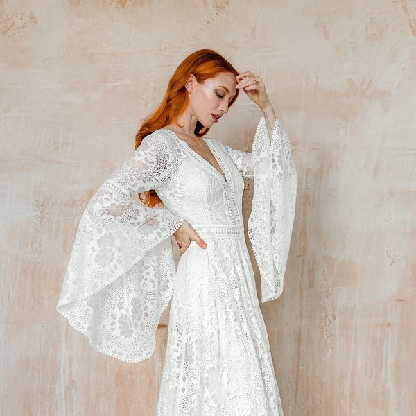 Boho Brautkleid mit Glocke langen Ärmeln, lässiges Brautkleid, Elopement Brautkleid, meistverkauftes Spitzenhochzeitskleid STYLE ALANNA
