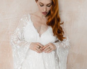 boho kimono wedding dress Boho Wedding Dress, With Short Flutter Sleeves, Elopement Bohemian Lace Wedding Dress, Boho Kimono Style Wedding Dress, Style CLARA