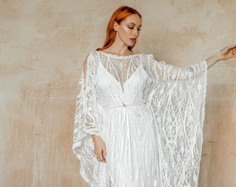 Elopement kaftan style bohemian wedding dress, boho lace wedding dress, kaftan long sleeve wedding dress, for courthouse wedding, style MIA